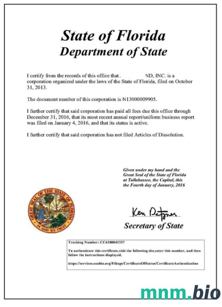 USA Florida vcertyfikat of good standing